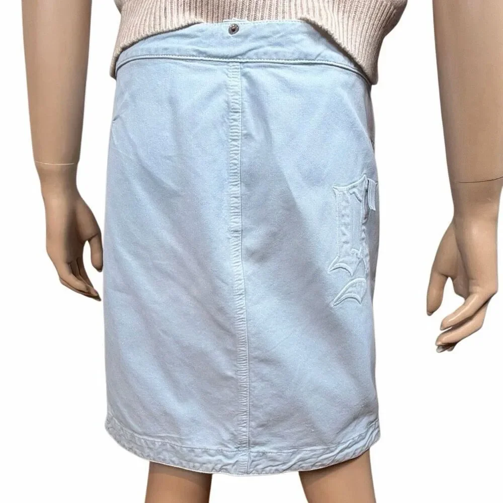 Fake London Genius Light Blue Cotton Zip Front Midi Skirt Vintage Style Boho Pun
